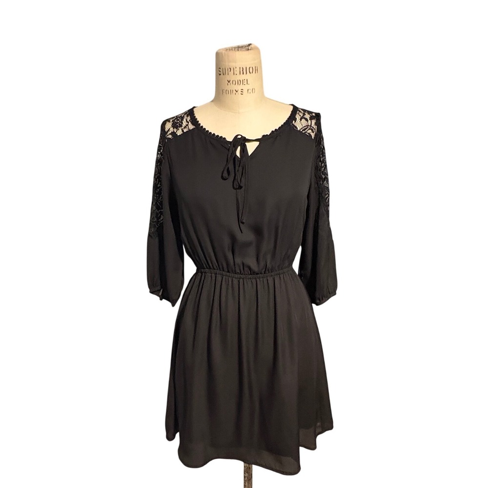 Zinga Black Lace Yoke Mini‎ Dress 3/4 Sleeve Dark Academia Whimsigoth Women Sz S